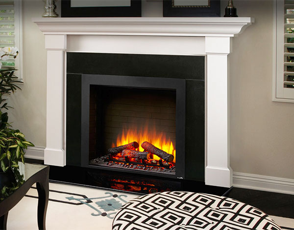 Heatilator SimpliFire Built-In Electric Fireplace with beautiful white surround and mantel. The fire looks absolutely stunning.