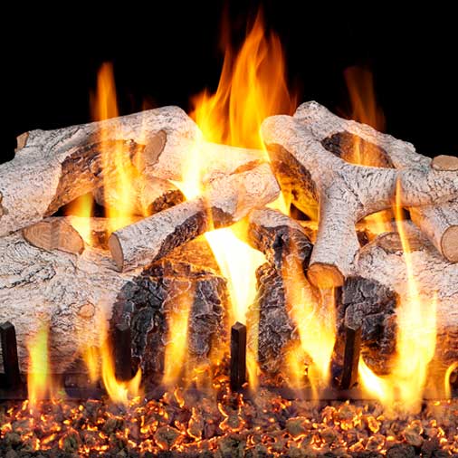 Vented Charred Mountain Birch gas logs are a lighter color with flames that look real.