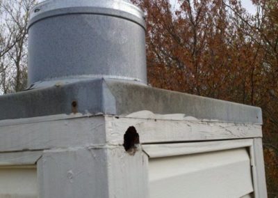 Stainless steel chimney chase cover with trees in background and a hole in the top.