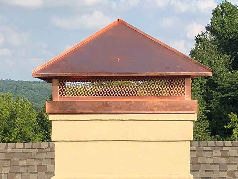 Stainless steel chase cover replacement on red brick fireplace - woods in the background.