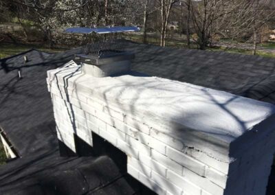 Wide chimney with chimney cap that needs waterproofing. Trees in background.