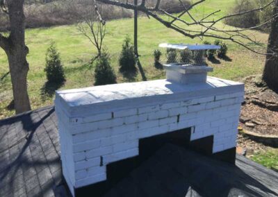Wide chimney with chimney cap that needs waterproofing. Trees in background.