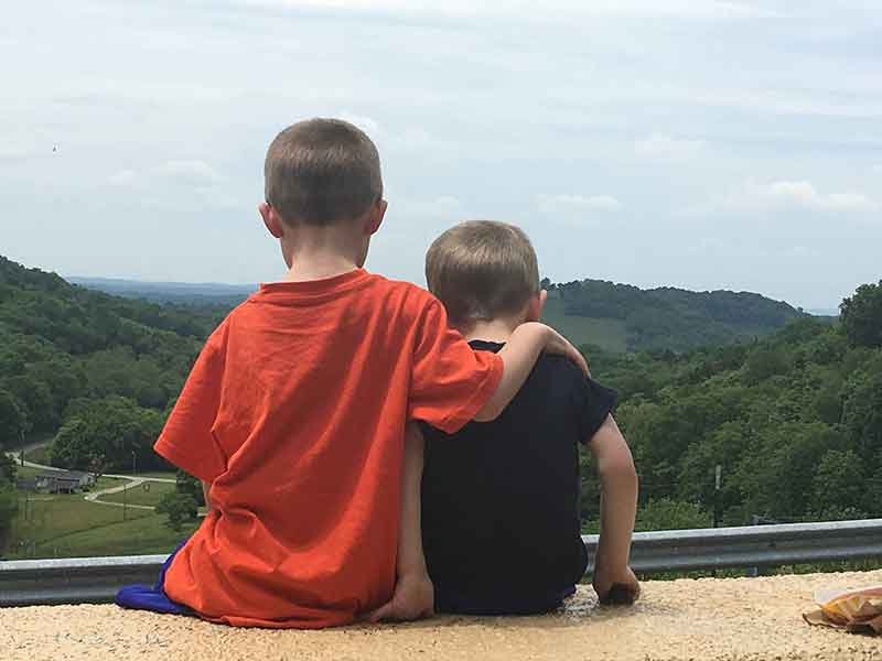 The boys at an overlook of mountains and trees.