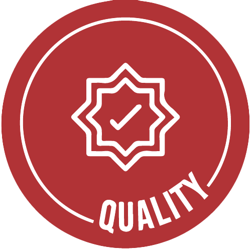 Original icon Quality core value Red circle icon with word Quality and check mark in the middle