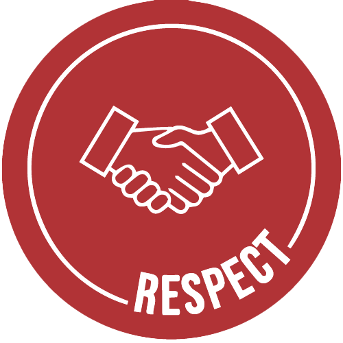 Respect Emblem - Sweeps and Ladders Red circle icon with word Respect and two hands shaking in the middle.
