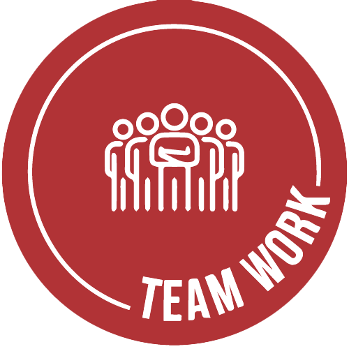 Red circle icon with word Teamwork and group of people in the middle