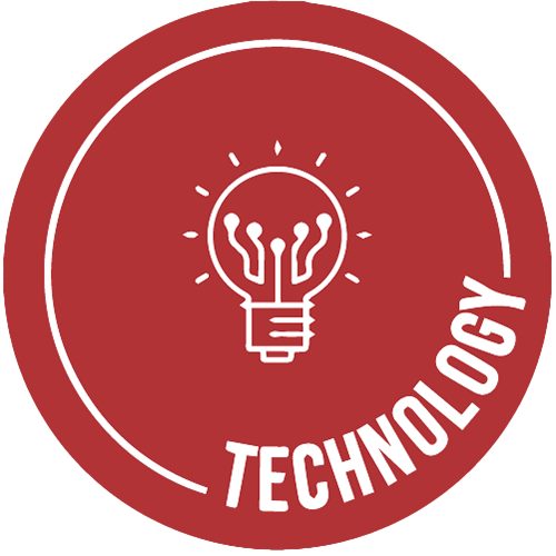 Red circle icon with the word Technology and lightbulb in the middle