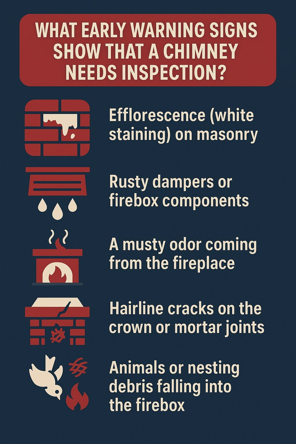 original infographic has a dark blue background with bold white and red accents, featuring a large red header at the top that reads “What Early Warning Signs Show That a Chimney Needs Inspection?” in uppercase white letters. Below, five signs are listed in cream-colored text, each paired with a red icon: a dripping white stain on brick for “Efflorescence (white staining) on masonry,” a vent with water drops for “Rusty dampers or firebox components,” a fireplace emitting smoke for “A musty odor coming from the fireplace,” a cracked chimney with fire beneath it for “Hairline cracks on the crown or mortar joints,” and a bird with debris and fire symbols for “Animals or nesting debris falling into the firebox.” The clean, simple design uses high contrast to clearly emphasize each point.<br />

