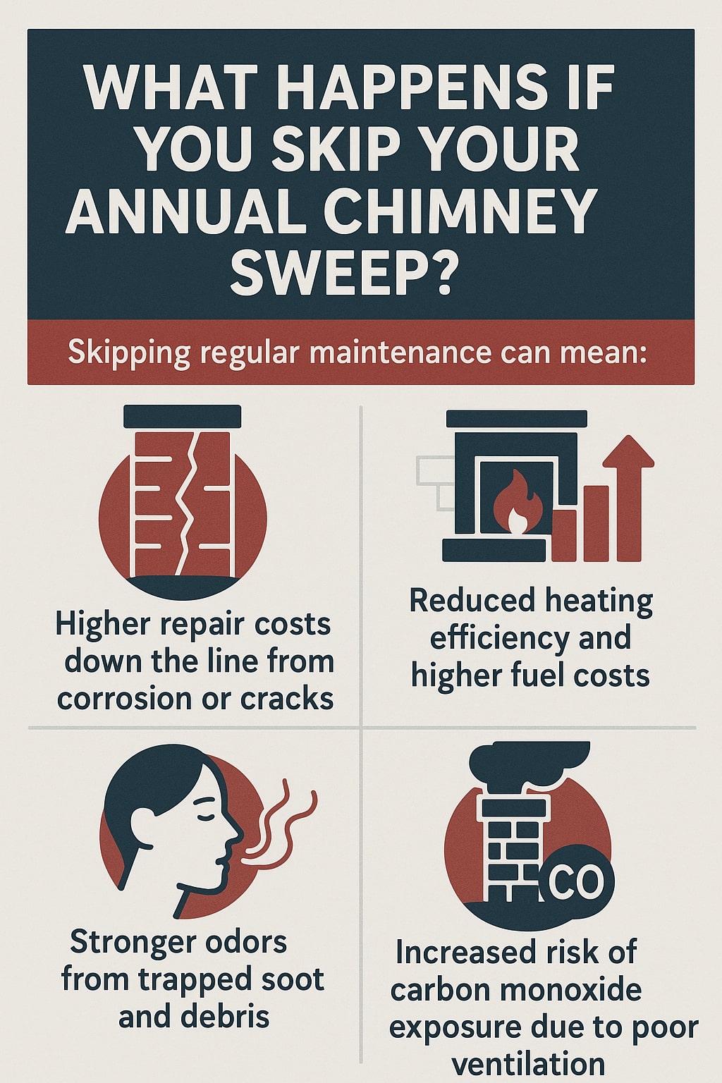 Original infographic with a cream background and dark blue, red, and gray color palette. The header reads “WHAT HAPPENS IF YOU SKIP YOUR ANNUAL CHIMNEY SWEEP?” in bold white text against a dark blue background, followed by a red banner with white text that says “Skipping regular maintenance can mean:”. Below are four illustrated sections: the top left shows a cracked chimney icon labeled “Higher repair costs down the line from corrosion or cracks,” the top right shows a fireplace with an upward arrow labeled “Reduced heating efficiency and higher fuel costs,” the bottom left features a profile of a woman smelling smoke labeled “Stronger odors from trapped soot and debris,” and the bottom right displays a chimney with a CO bubble labeled “Increased risk of carbon monoxide exposure due to poor ventilation.” The layout is clean, modern, and balanced with strong visual hierarchy.<br />
