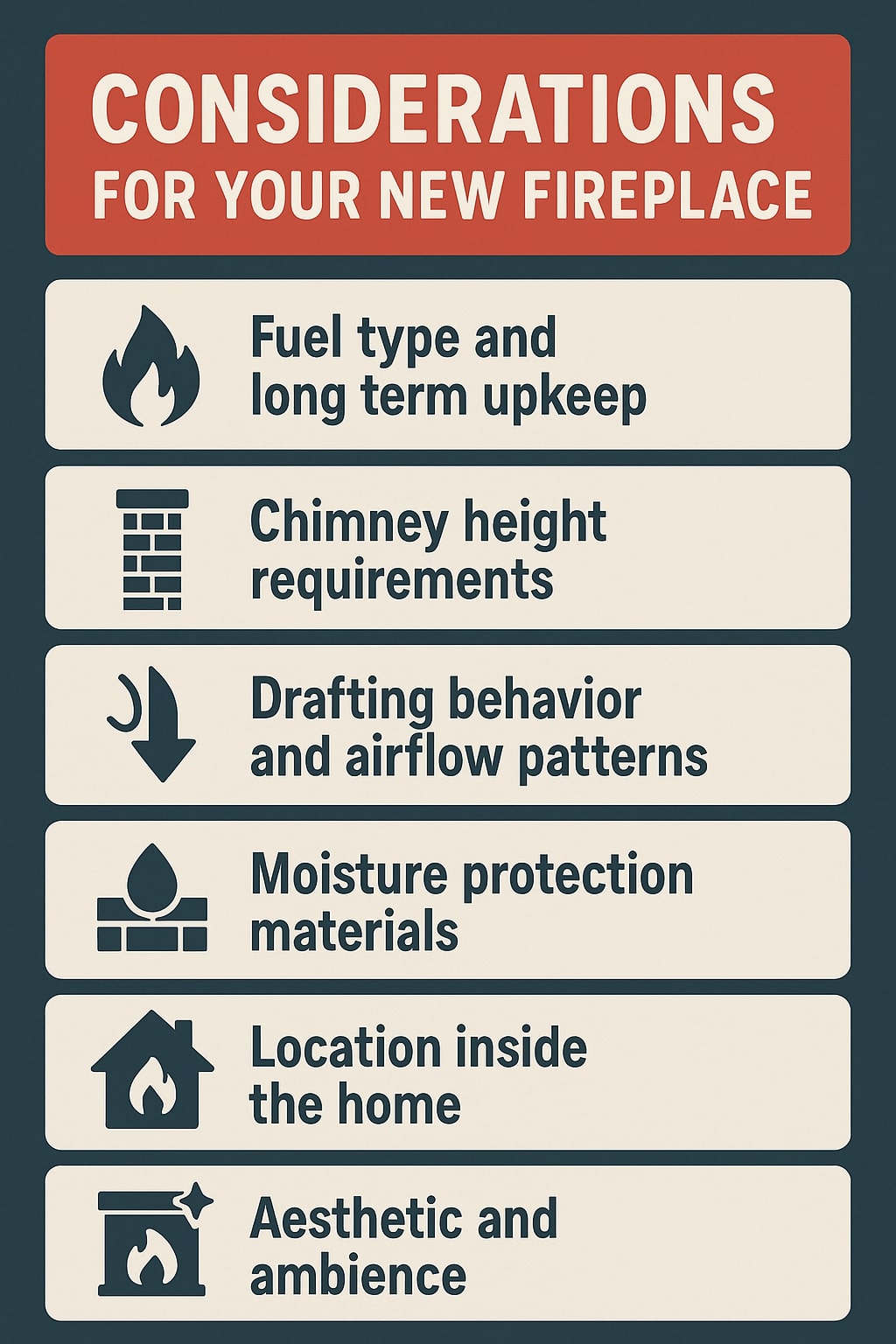 original infographic showing a vertically stacked layout with a dark teal background and rounded cream-colored content boxes, topped by a large red header that reads “CONSIDERATIONS FOR YOUR NEW FIREPLACE” in bold white text; each section contains a dark teal icon to the left and corresponding text to the right, including a flame icon paired with “Fuel type and long term upkeep,” a brick chimney icon with “Chimney height requirements,” a curved arrow and downward arrow symbol with “Drafting behavior and airflow patterns,” a droplet resting on bricks representing “Moisture protection materials,” a house with a small flame for “Location inside the home,” and finally a mantelpiece with a sparkling star above it for “Aesthetic and ambience,” all presented in a clean, modern, easy-to-read typographic style.